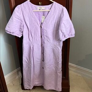 LOFT Button V-Neck Dress Linen Puff Sleeve Size 6 New NWT Light Purple